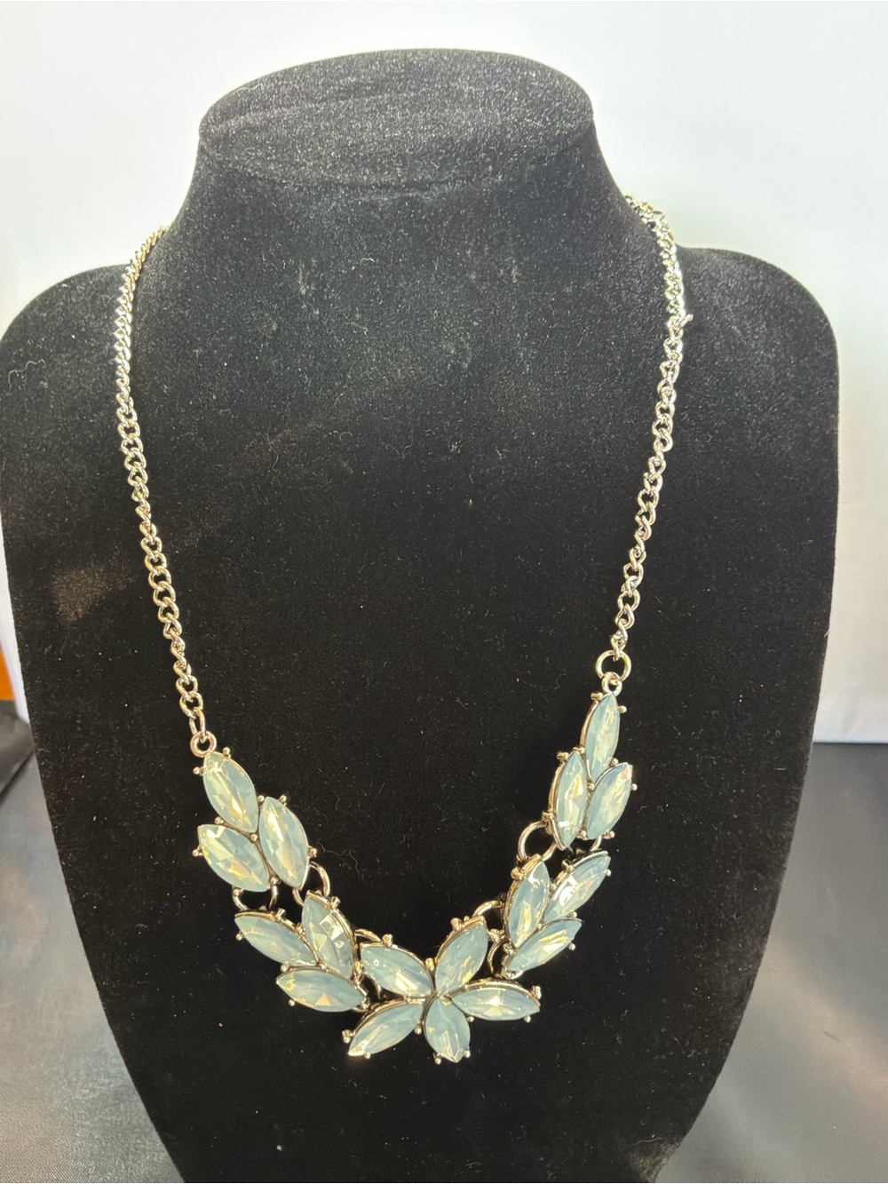 Chain Necklace with Light Blue Gem Leaf Accents